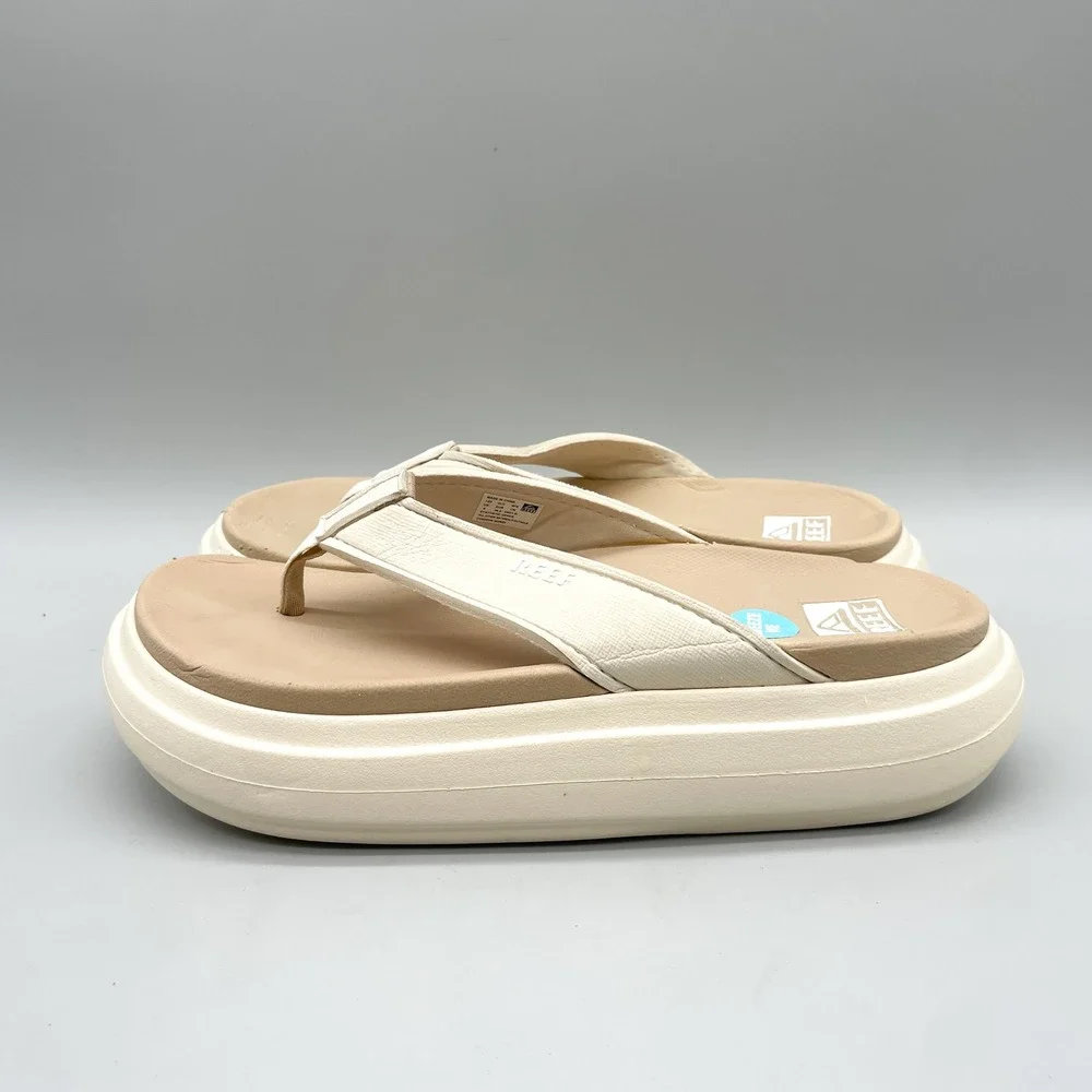 Reef Womens 8 Cushion Bondi Platform Flip Flop Sandals Cream Tan Beachwear Boho